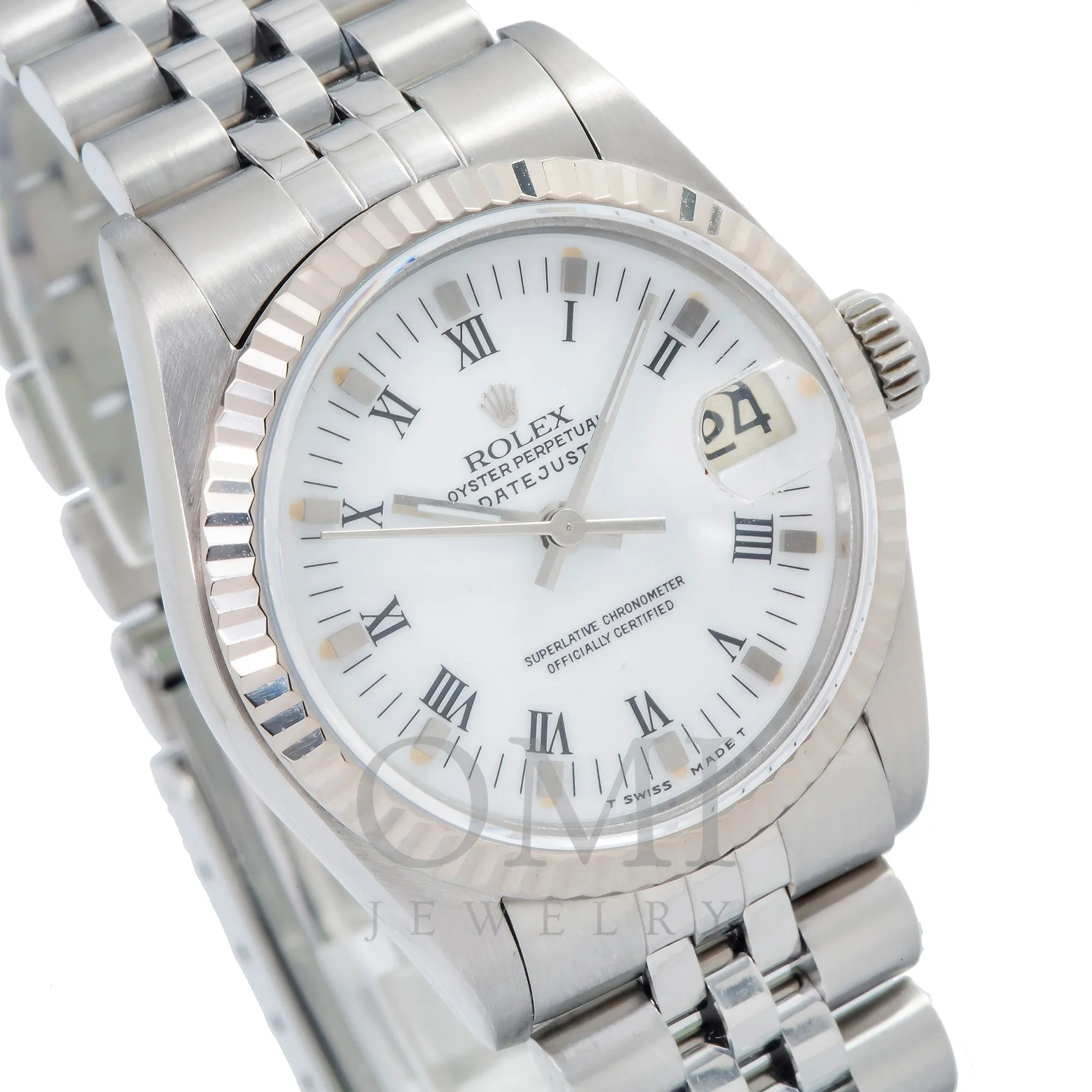 Rolex Datejust 68274 31MM White Roman Dial With White Gold Fluted Bezel