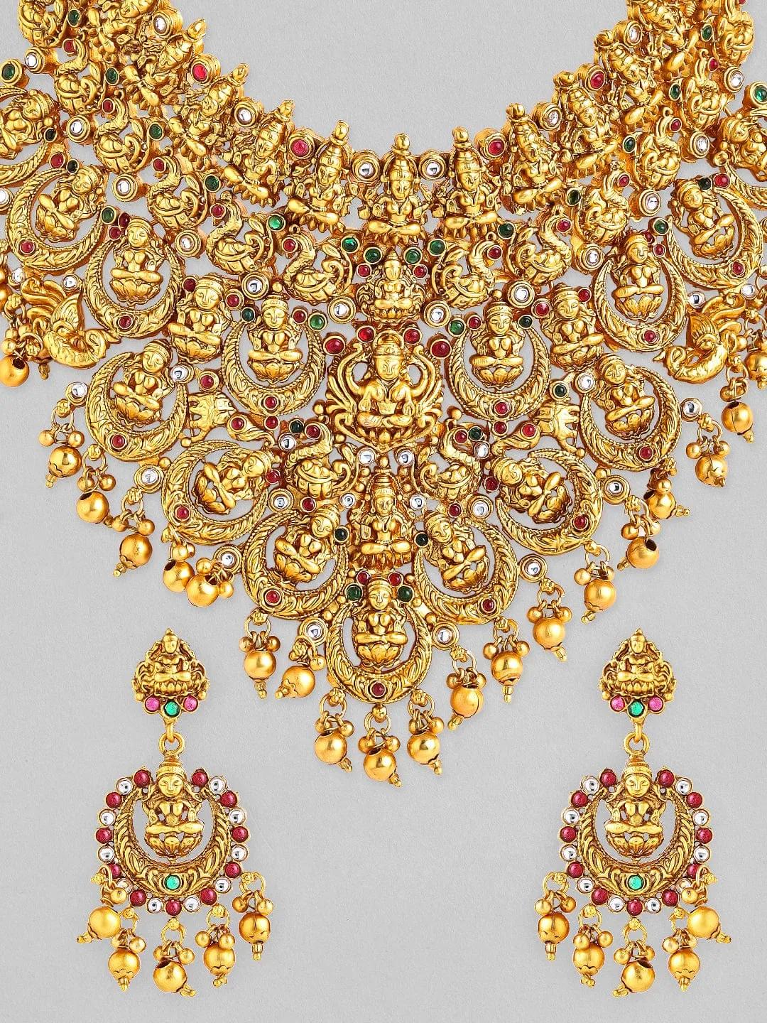 Rubans Gold-Plated Red & Green Stone-Studded Temple Jewellery-Set