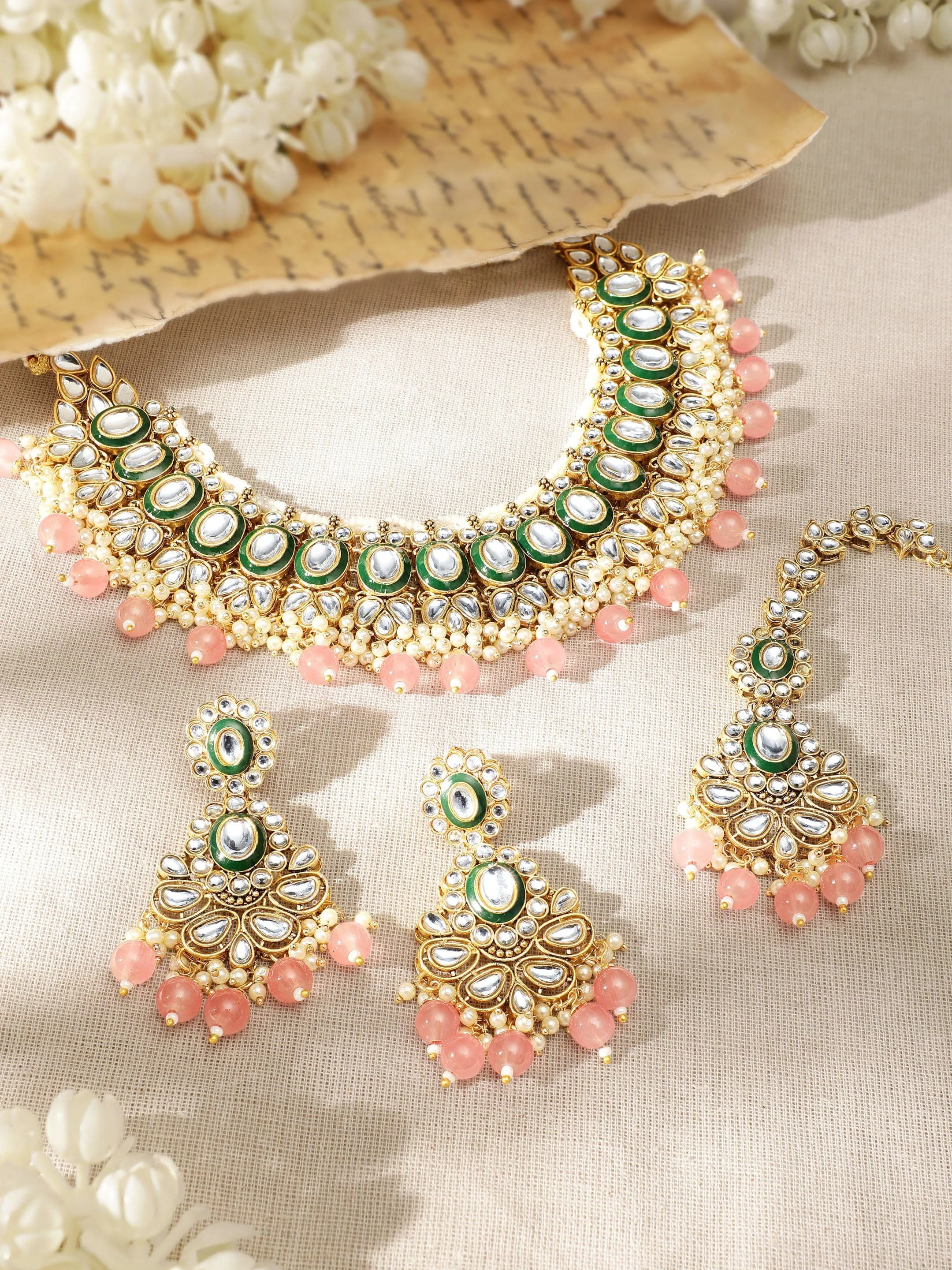 Rubans Opulent Radiance 22k Gold Plated Kundan and Pearl Beaded Jewelry Set