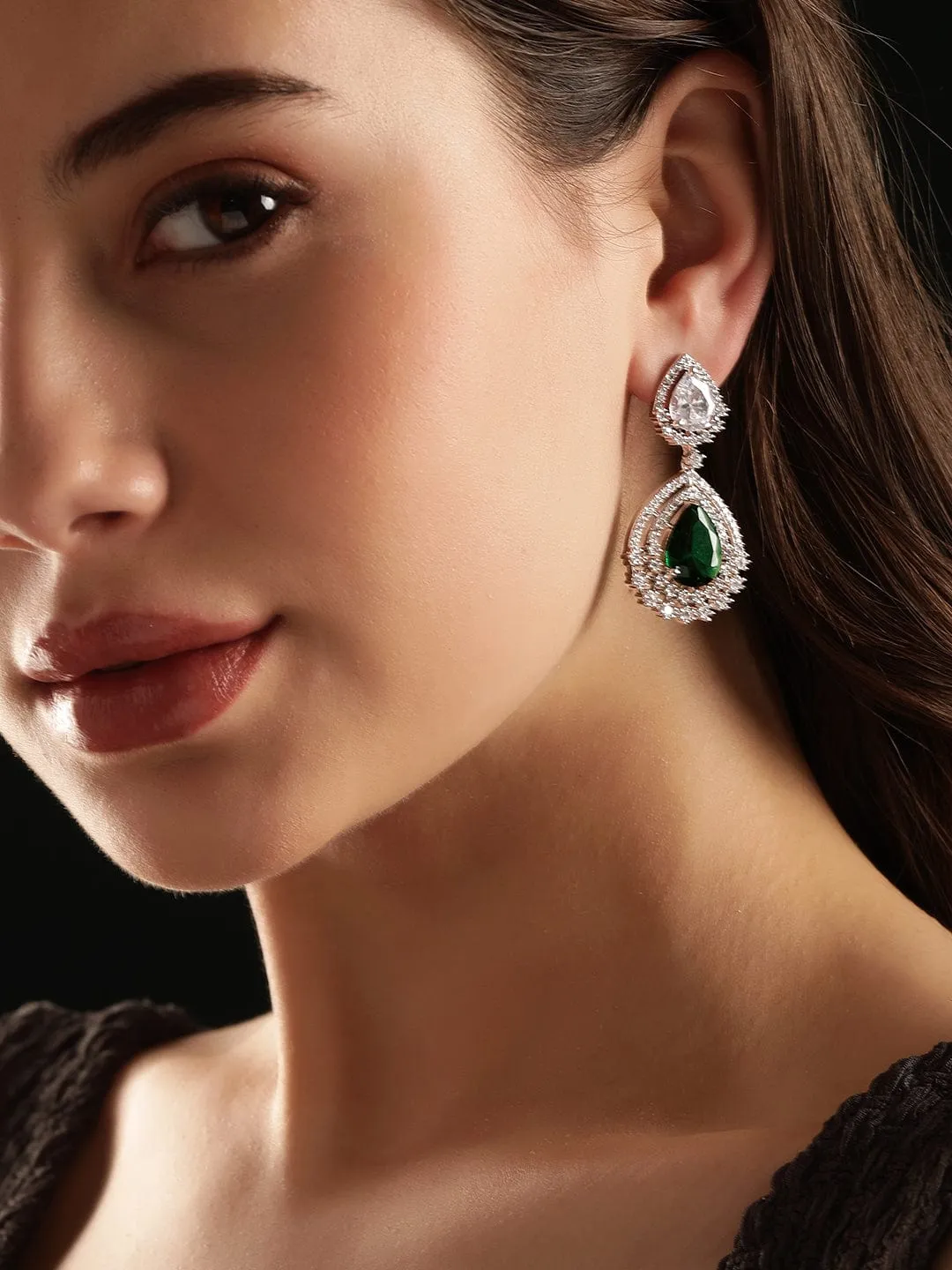 Rubans Rhodium plated Sapphire Green Zirconia Tear drop Chic Earring