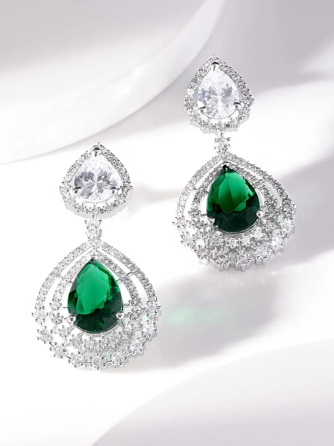 Rubans Rhodium plated Sapphire Green Zirconia Tear drop Chic Earring