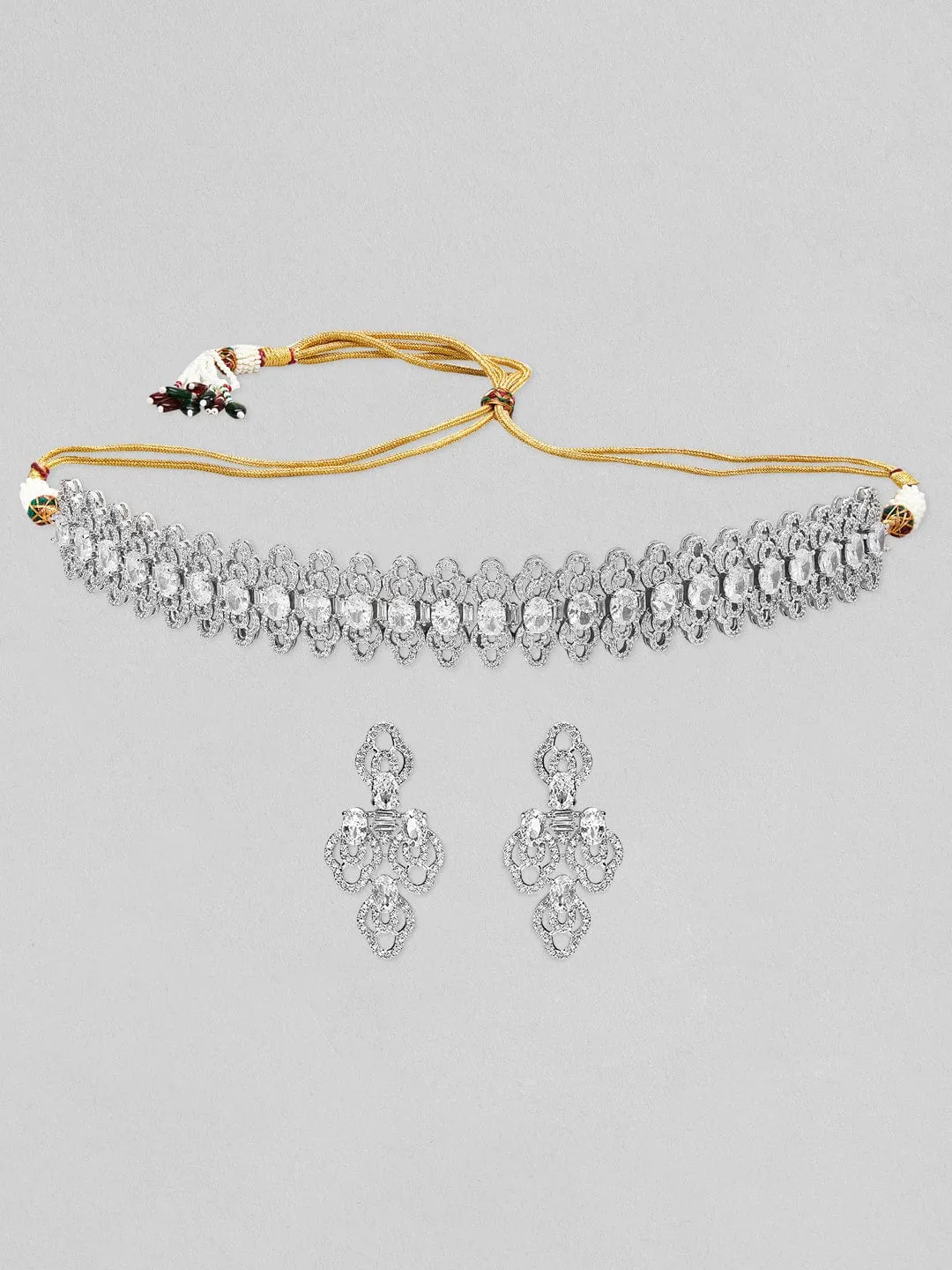 Rubans Silver-Plated White AD Studded Jewellery Set