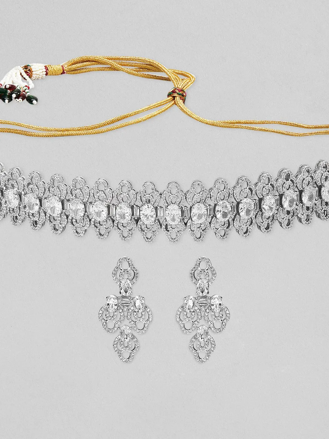 Rubans Silver-Plated White AD Studded Jewellery Set