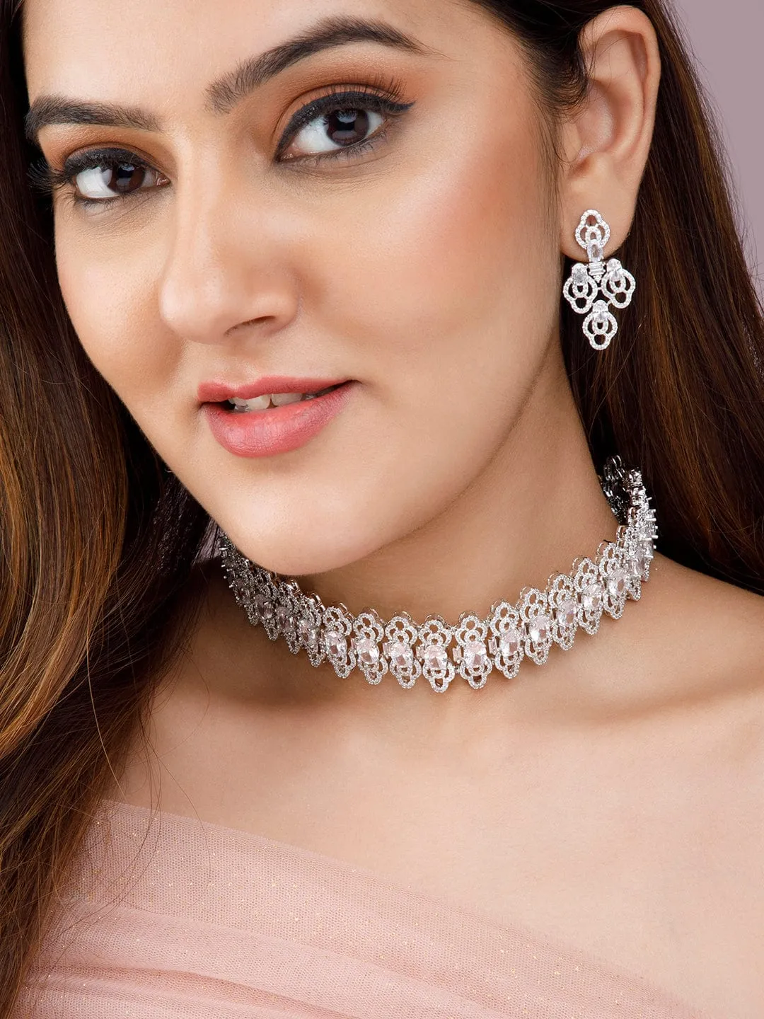 Rubans Silver-Plated White AD Studded Jewellery Set