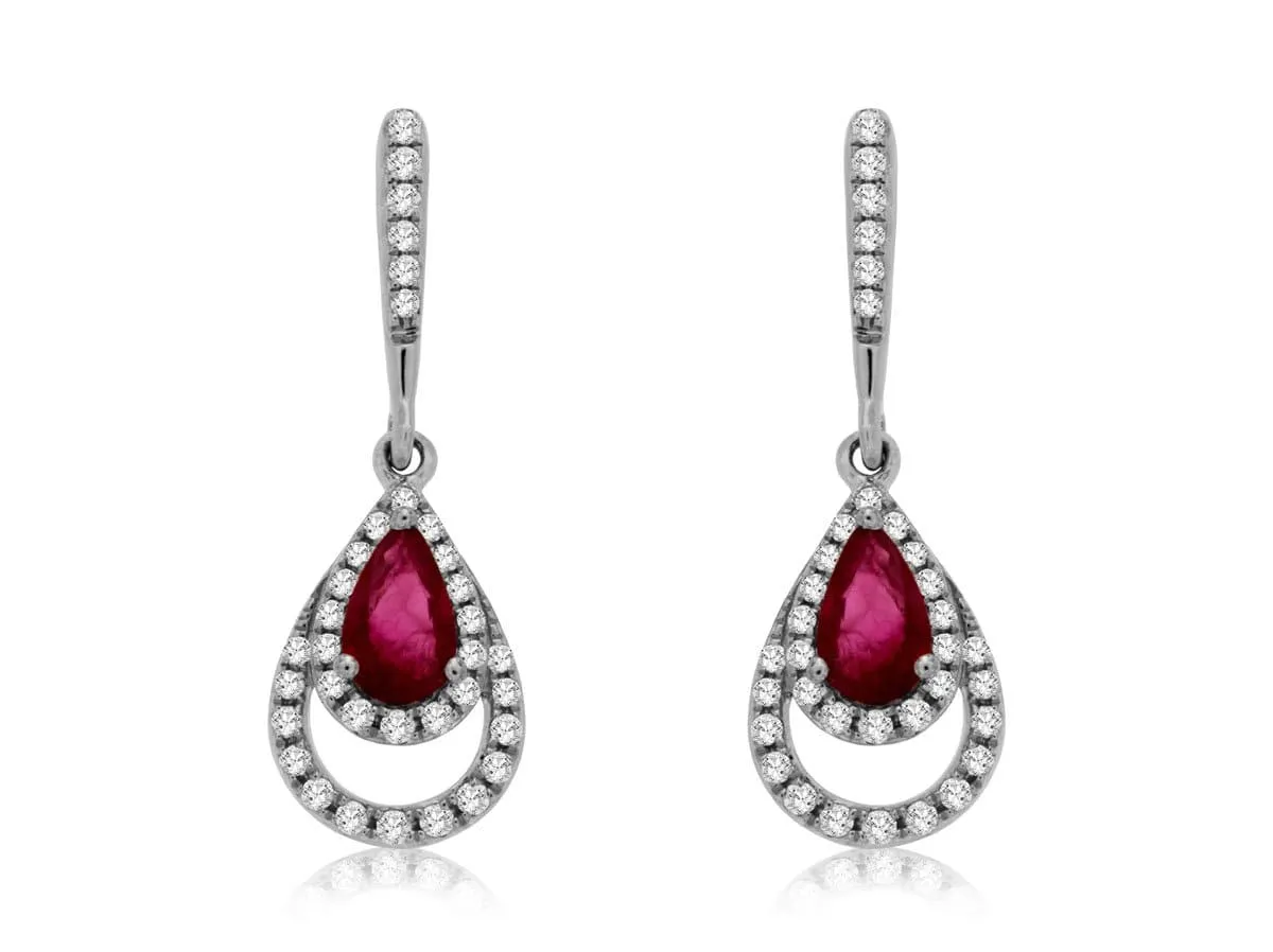 Ruby and Diamond Dangle Earrings, 14k White Gold