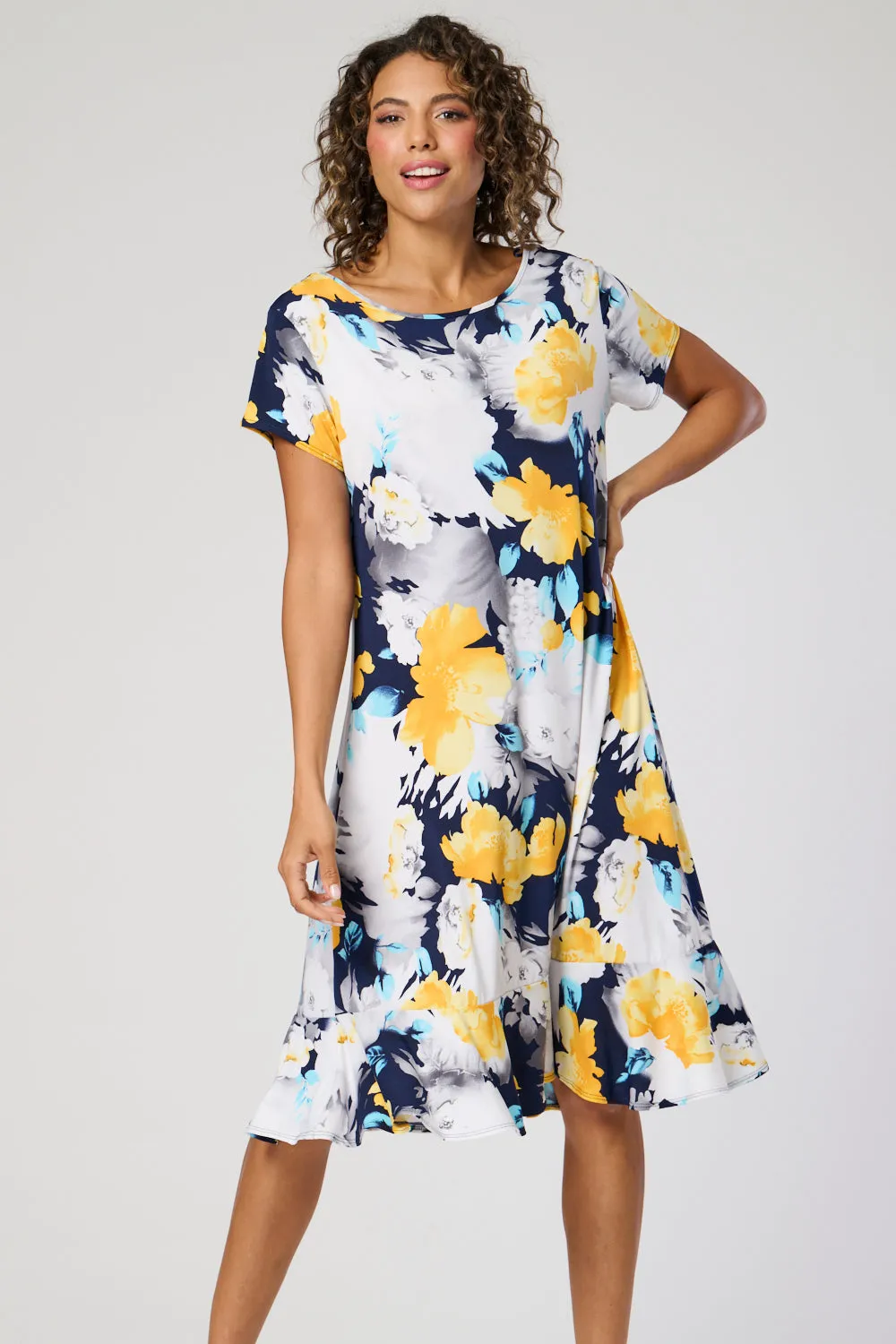 Saloos Flower Print Dress with Frilled Hem