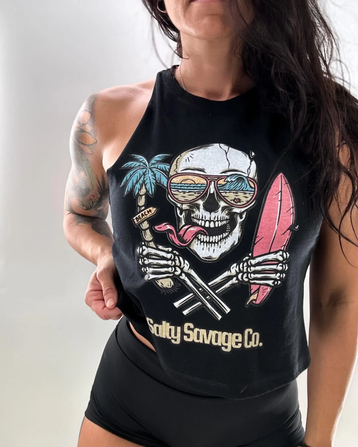 Salty Savage Ladies "Double Fisting" Flowy Racerback Crop Tank