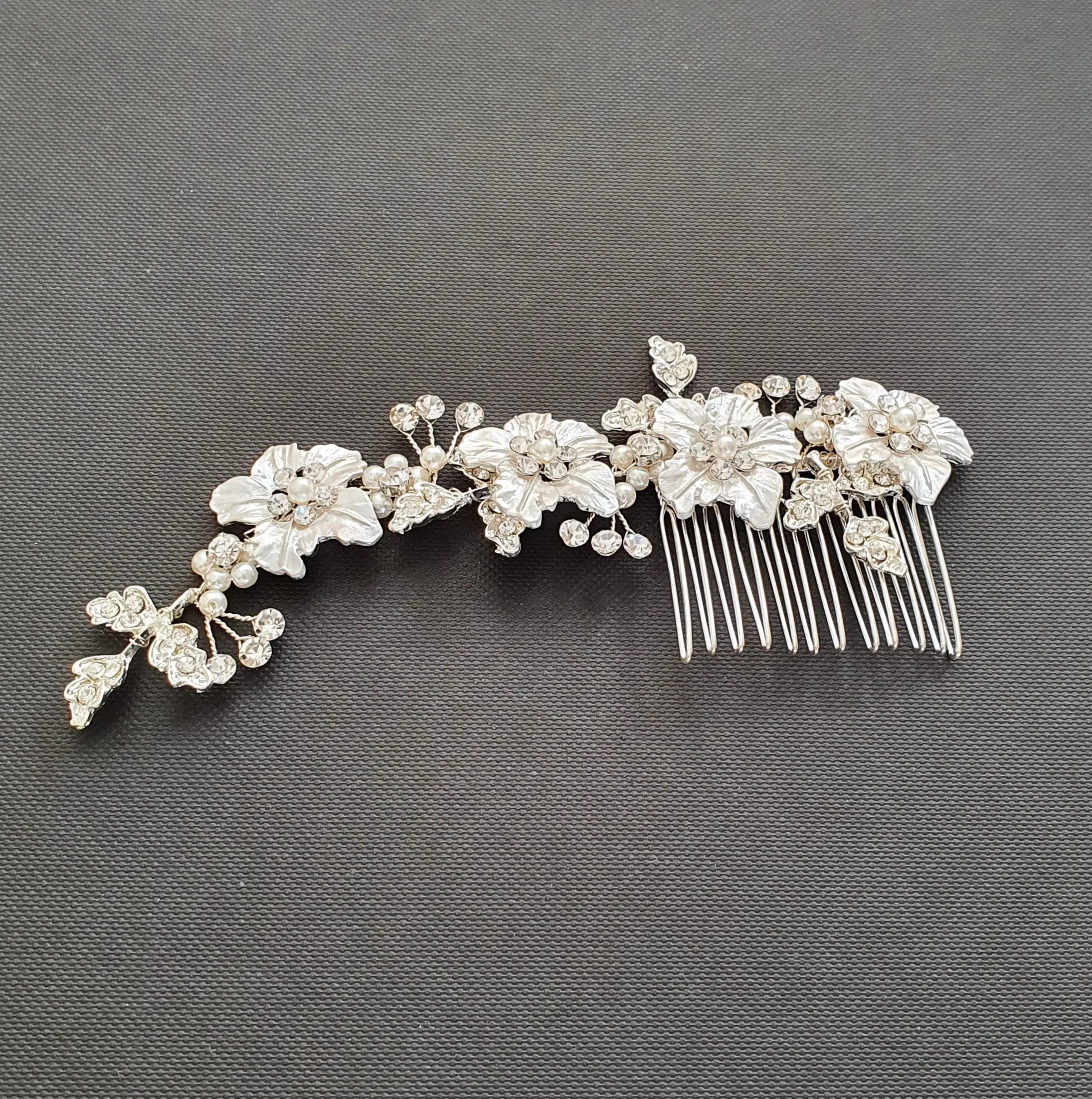 Silver flower Leaf Hair Comb for Weddings-Gardenia