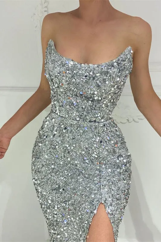 Silver Sequin Split Strapless Mermaid Long Prom Dress - ED501