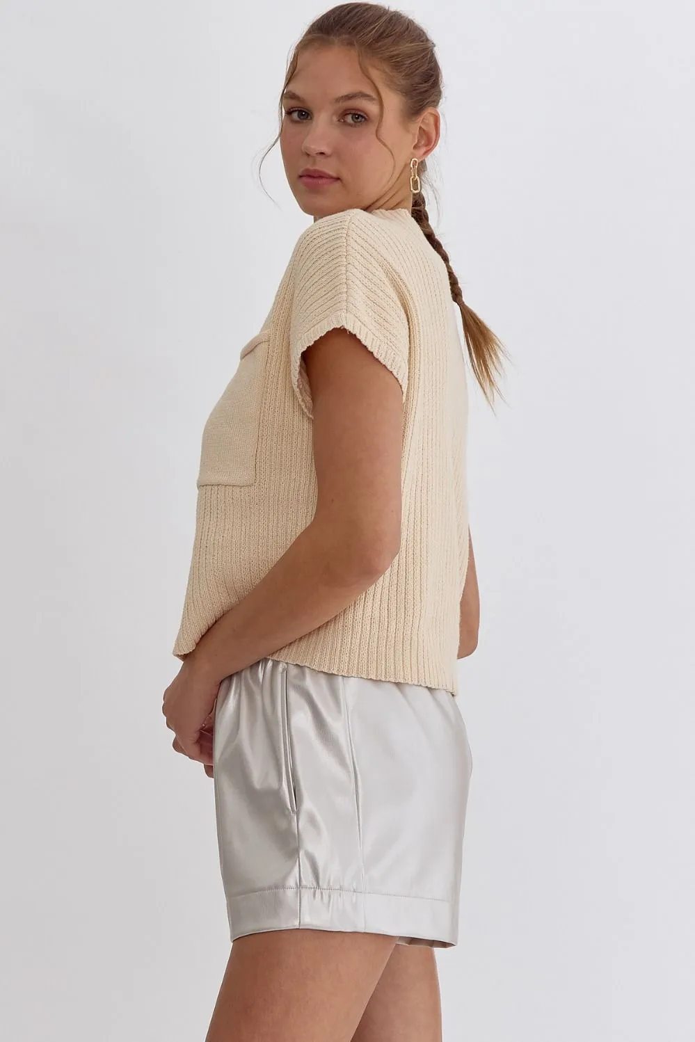 Solid Knitted Cropped Mock Neck Sweater