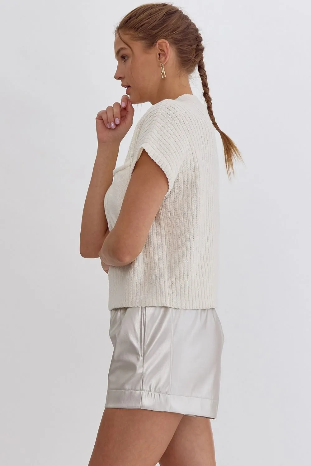 Solid Knitted Cropped Mock Neck Sweater