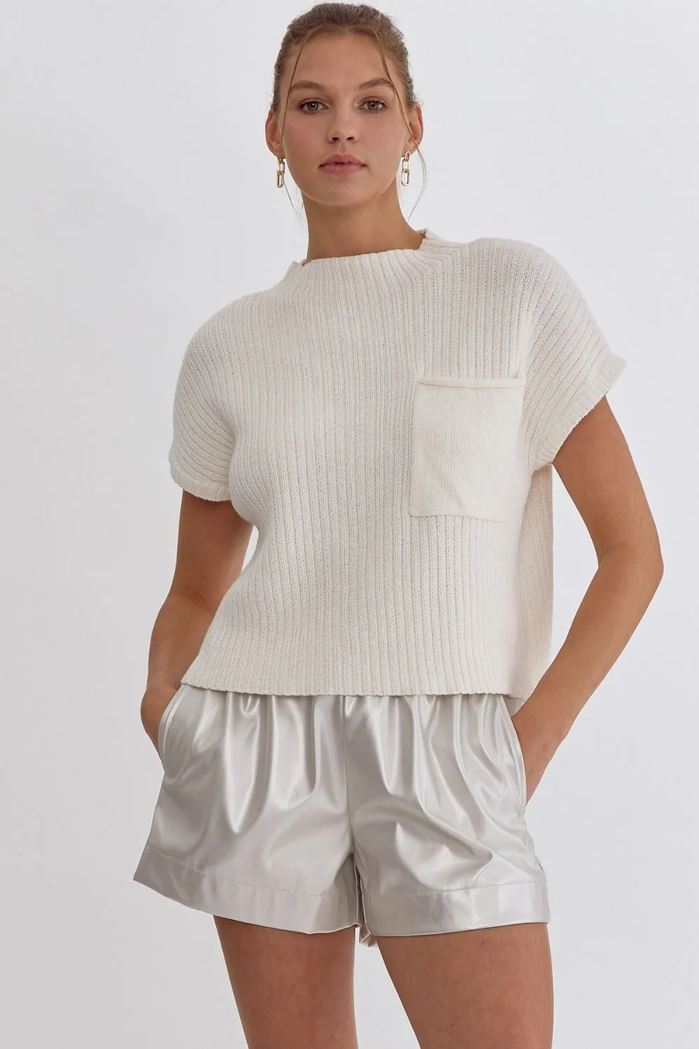 Solid Knitted Cropped Mock Neck Sweater