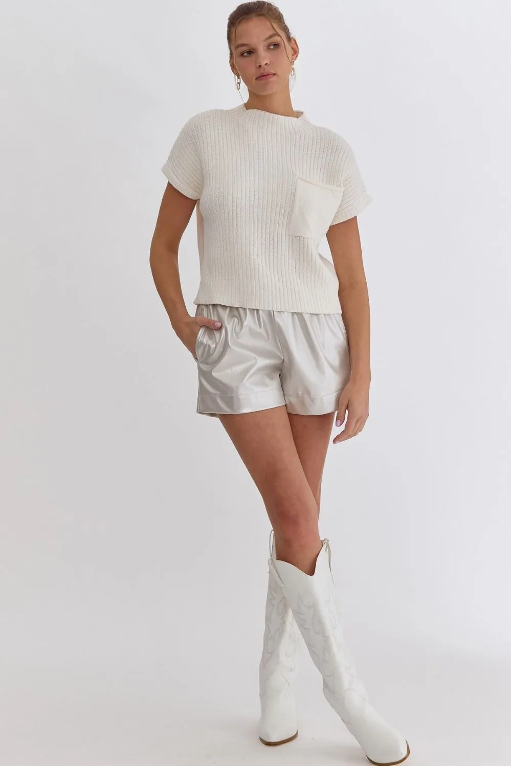 Solid Knitted Cropped Mock Neck Sweater