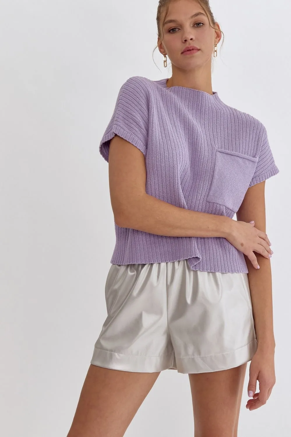 Solid Knitted Cropped Mock Neck Sweater