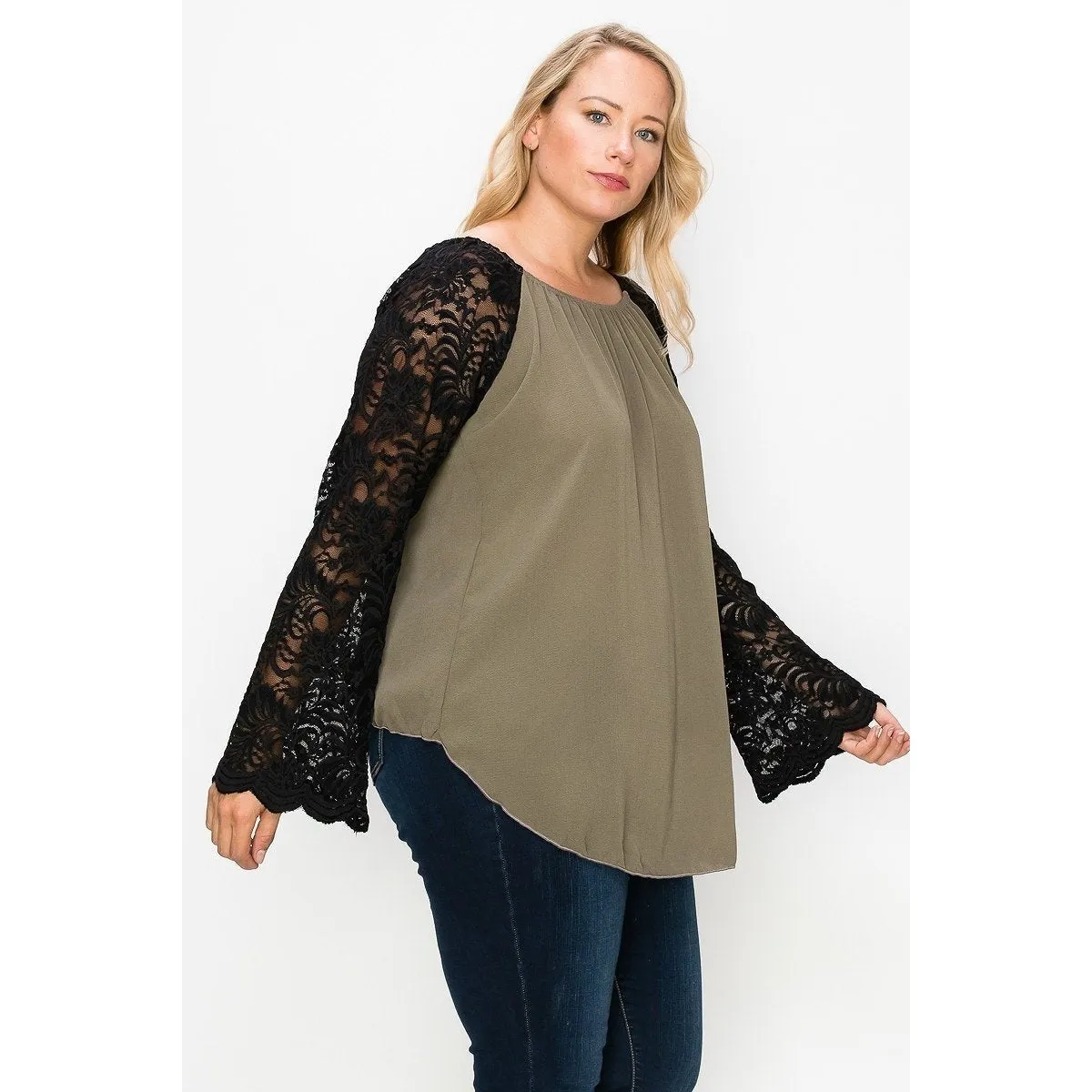 Solid Top Featuring Flattering Lace Bell Sleeves