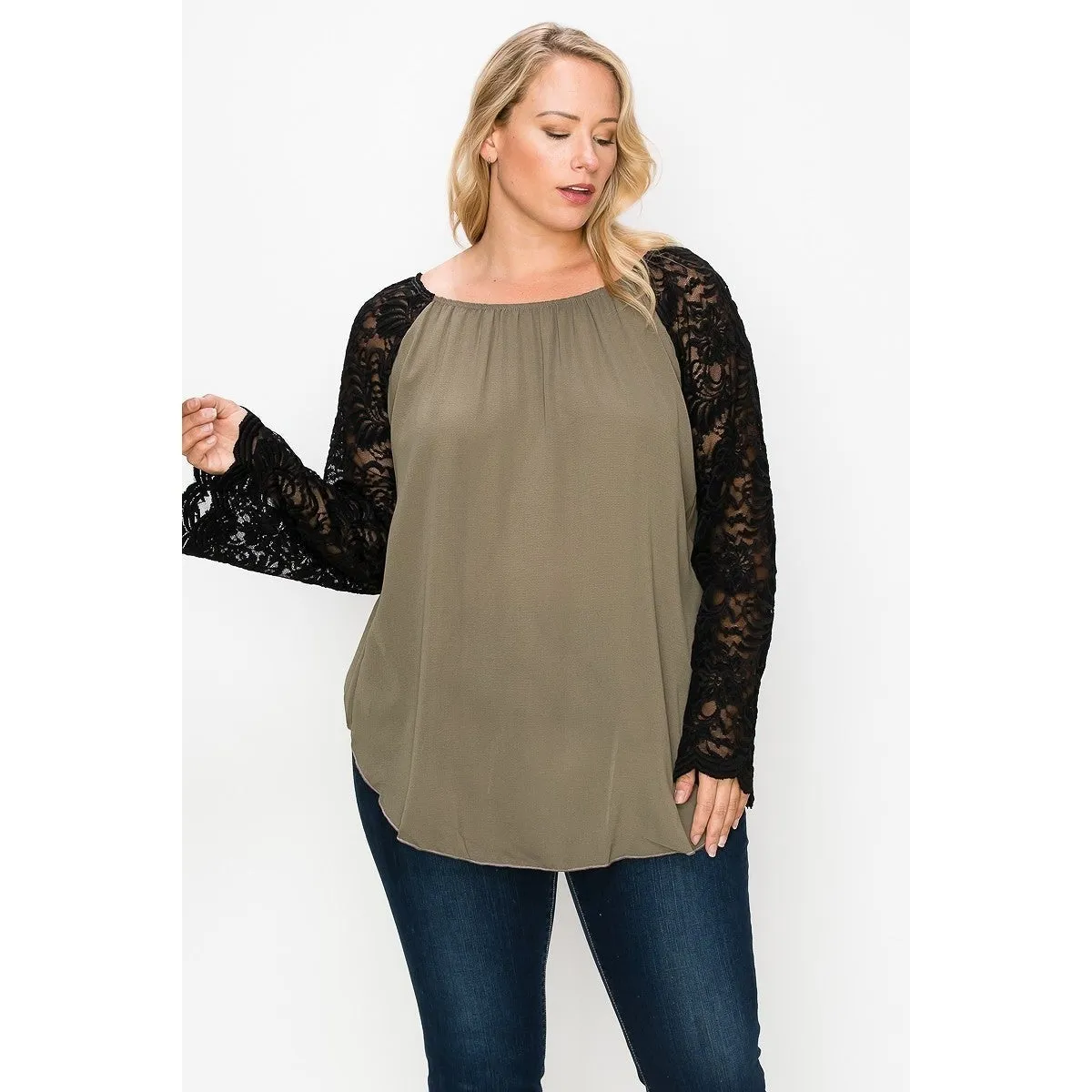 Solid Top Featuring Flattering Lace Bell Sleeves