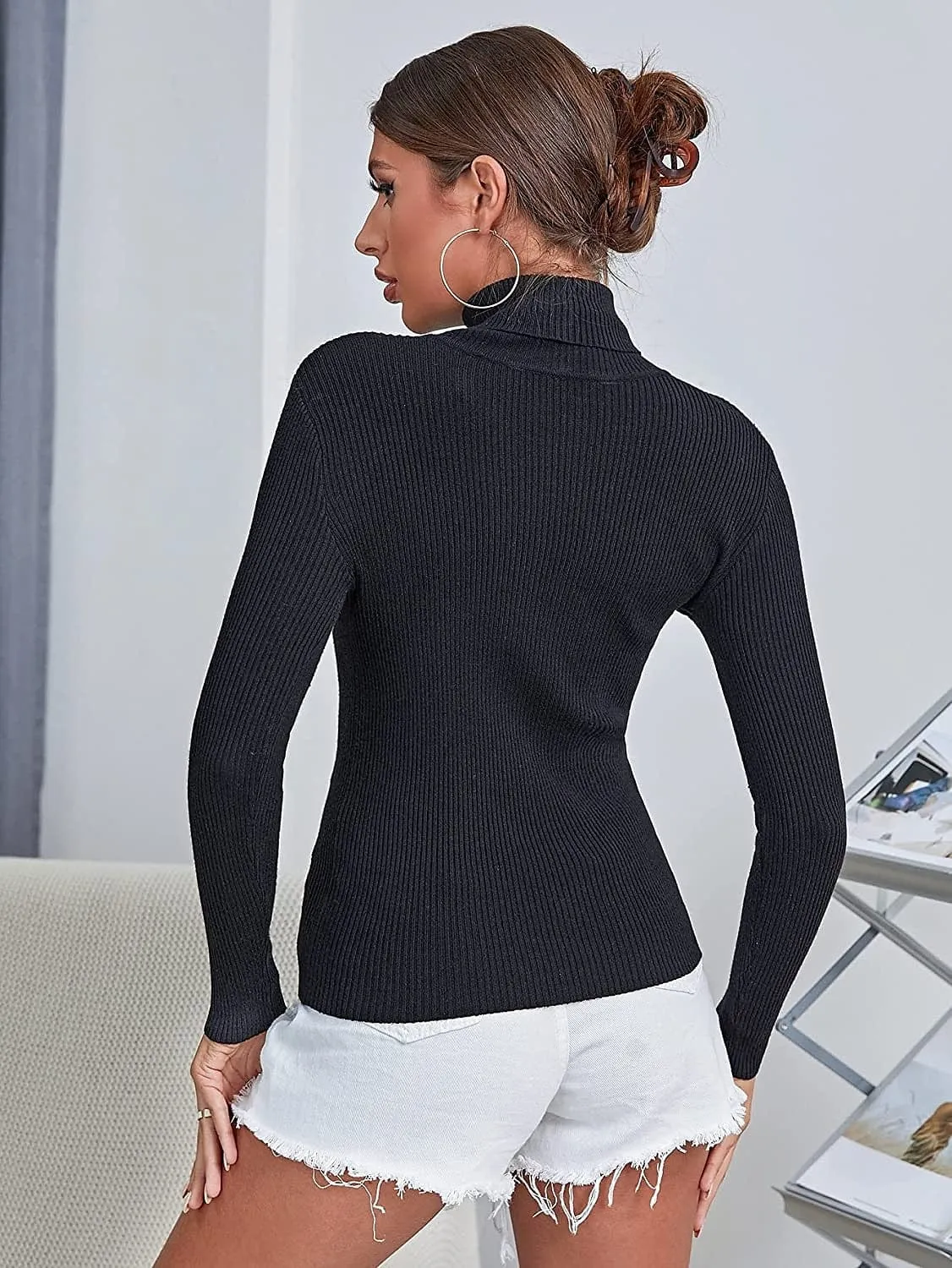 Stylish Women's Turtleneck Ribbed Knit Pullover Sweater