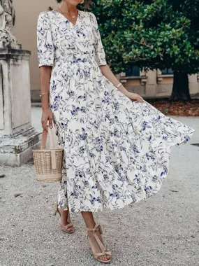 Sunset Vacation Ruched Tiered Floral Half Sleeve Dress