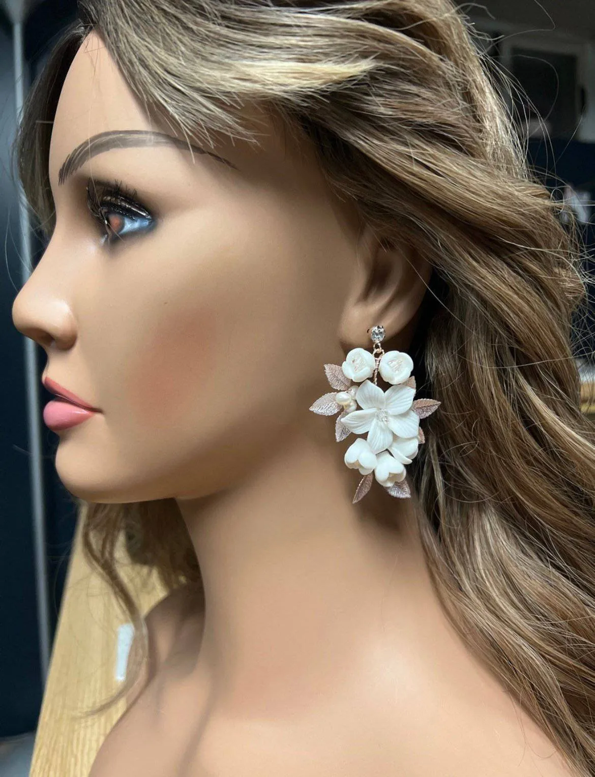 Swarovski Ceramic White Flower Petals Crystal, Long Bridal Jewelry Bridal Earrings Crystal Bridal Earrings Statement Earrings Cz