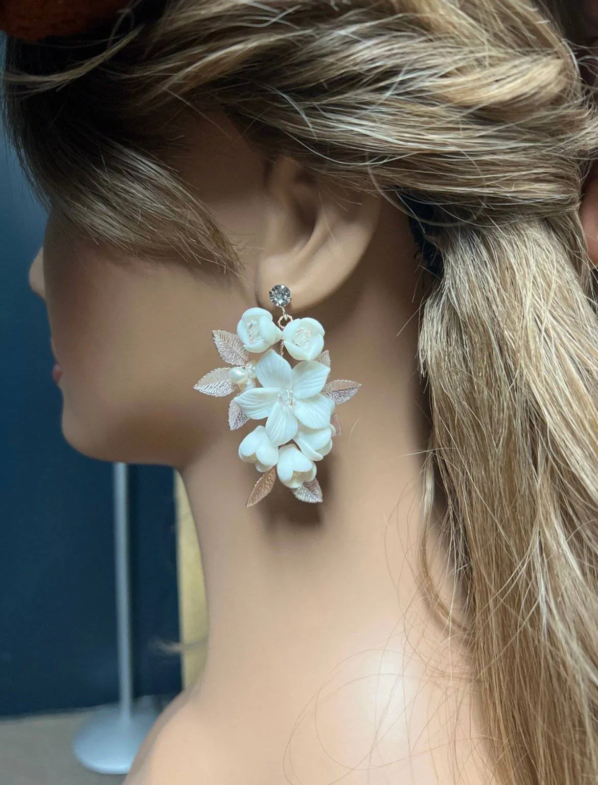 Swarovski Ceramic White Flower Petals Crystal, Long Bridal Jewelry Bridal Earrings Crystal Bridal Earrings Statement Earrings Cz