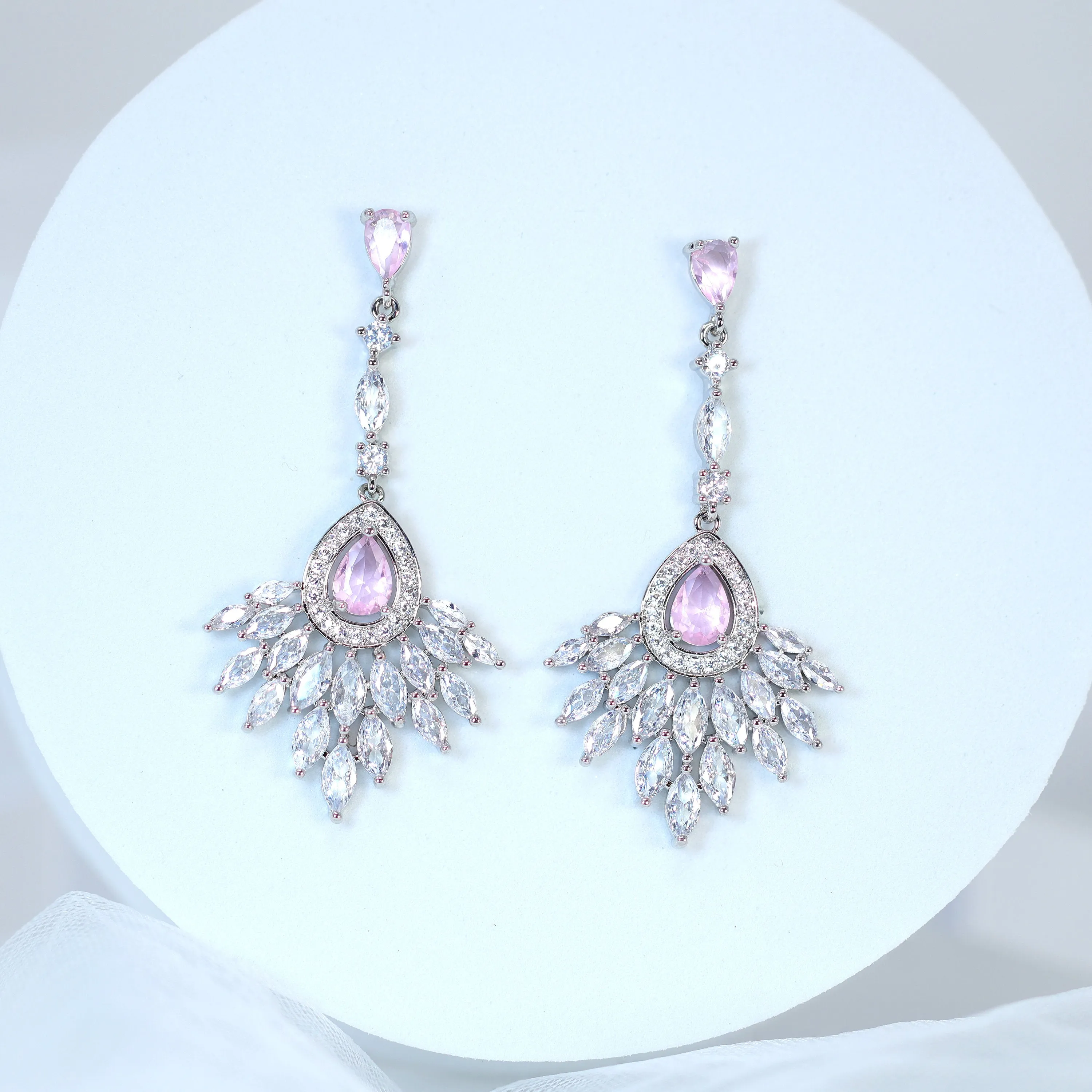 Swarovski Crystal Cz Diamond Elegent Pink Droplets  Earrings, Bridal Jewelry, Crystal Bridal Dangle Earrings, Statement Earrings Cz