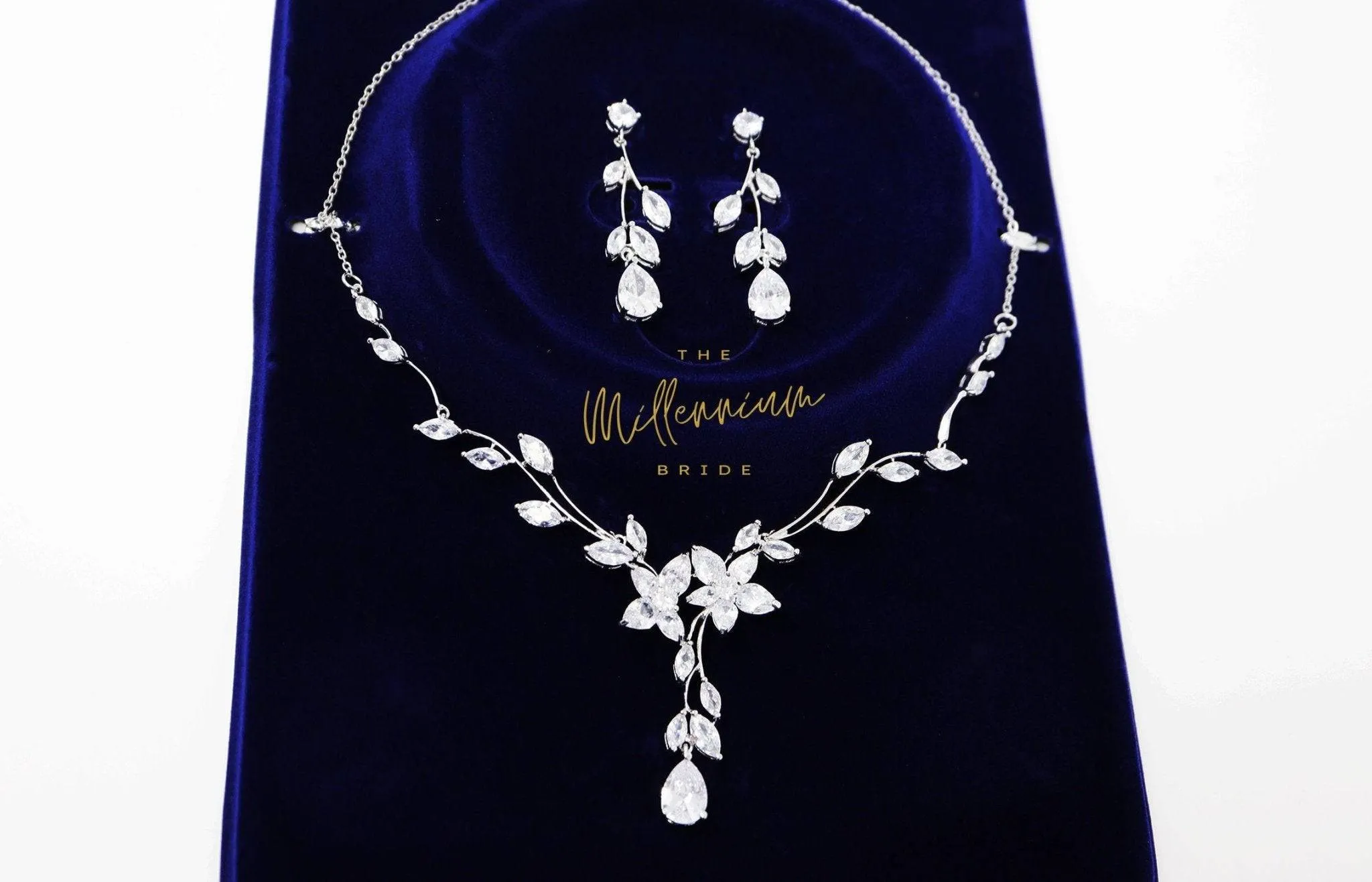 Swarovski Crystal Flower Vine Leaves Necklace, Long Bridal Jewelry, Bridal Earrings And Necklace, Statement Earrings Cz Necklace Set.