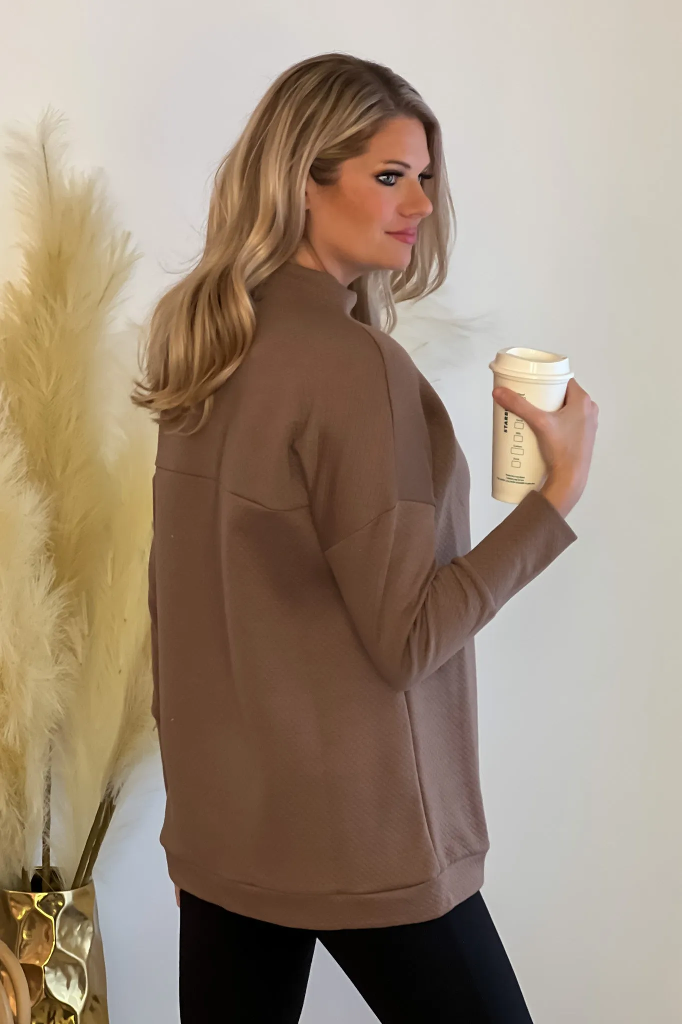 Tribal Funnel Neck Ribbed Knit Tunic : Tan