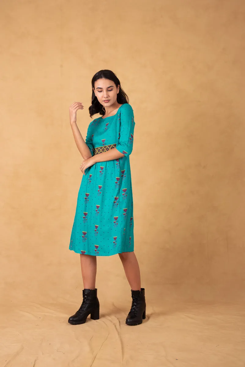 Turquoise Printed Dress With Aztec Embroidery