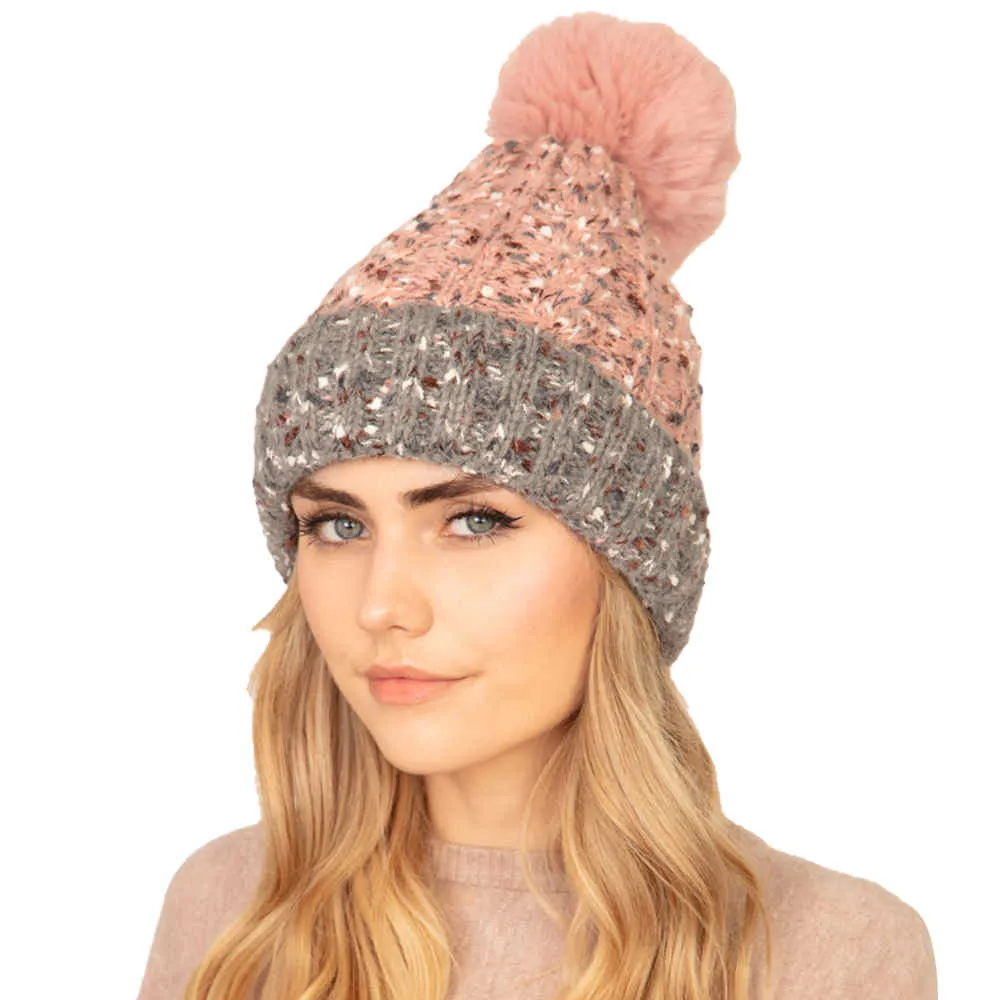 Two Tone Confetti Fleece Pom Pom Beanie Hat