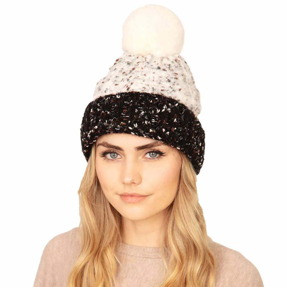 Two Tone Confetti Fleece Pom Pom Beanie Hat