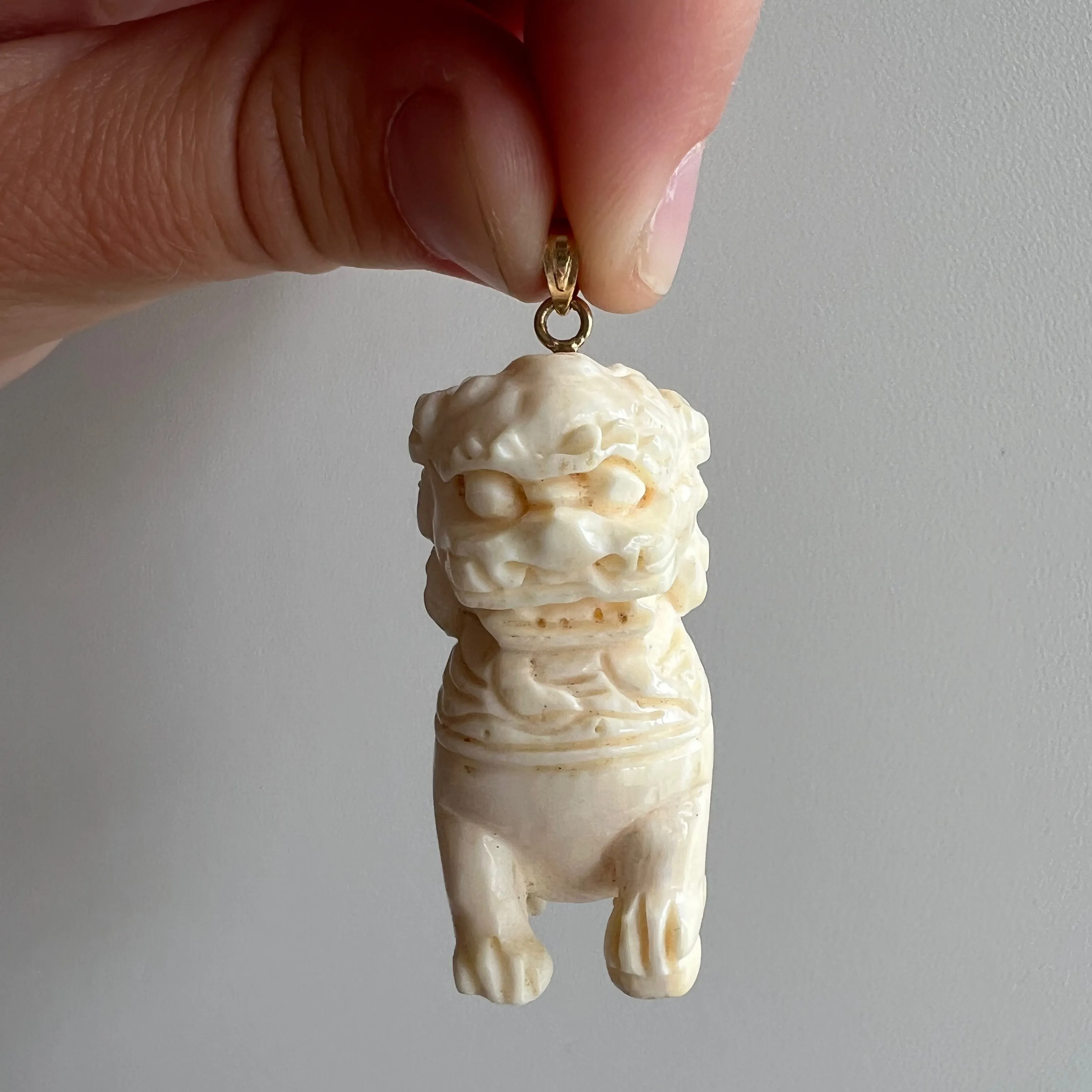 V I N T A G E // lion dragon / 14k and carved bone foo dog / a huge pendant