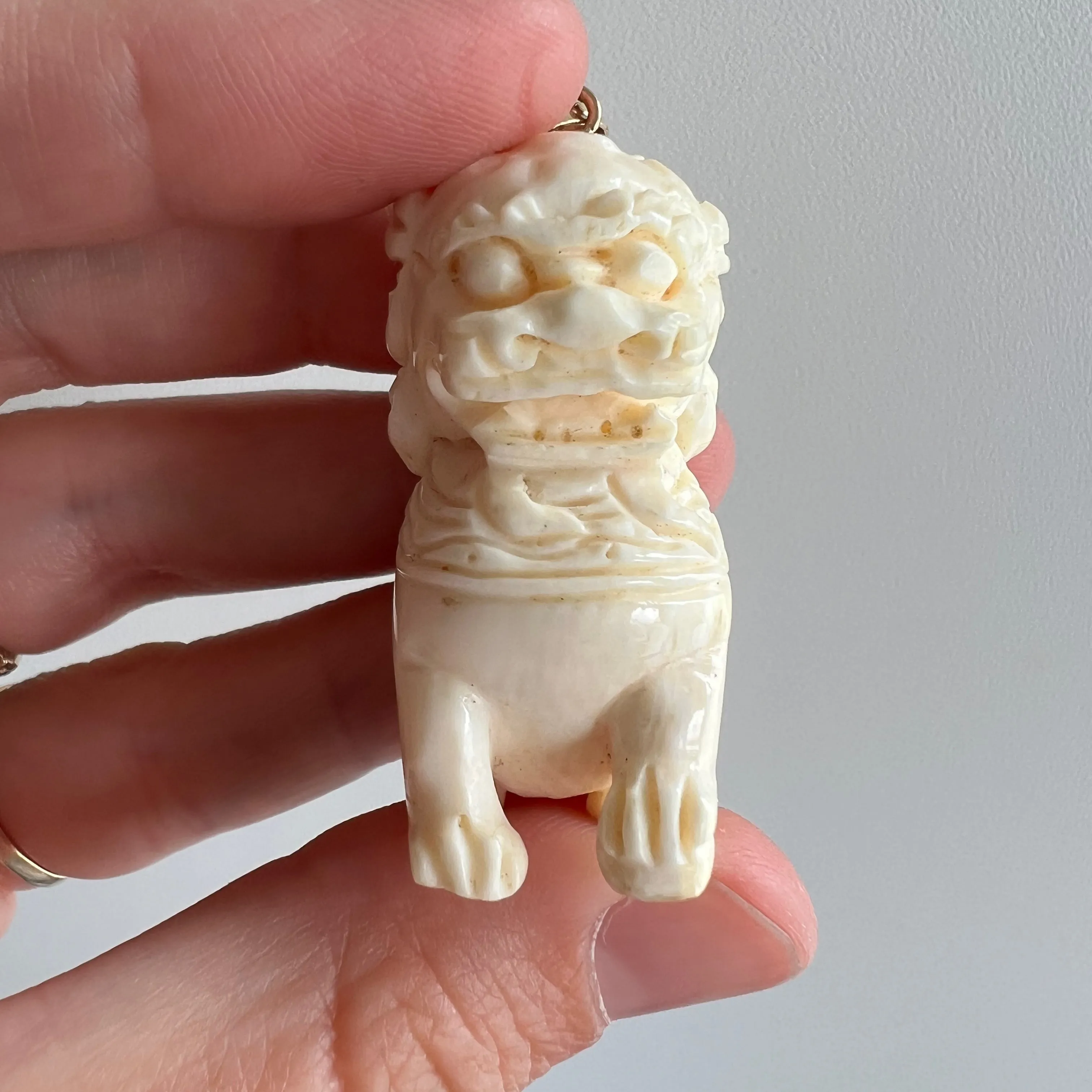 V I N T A G E // lion dragon / 14k and carved bone foo dog / a huge pendant