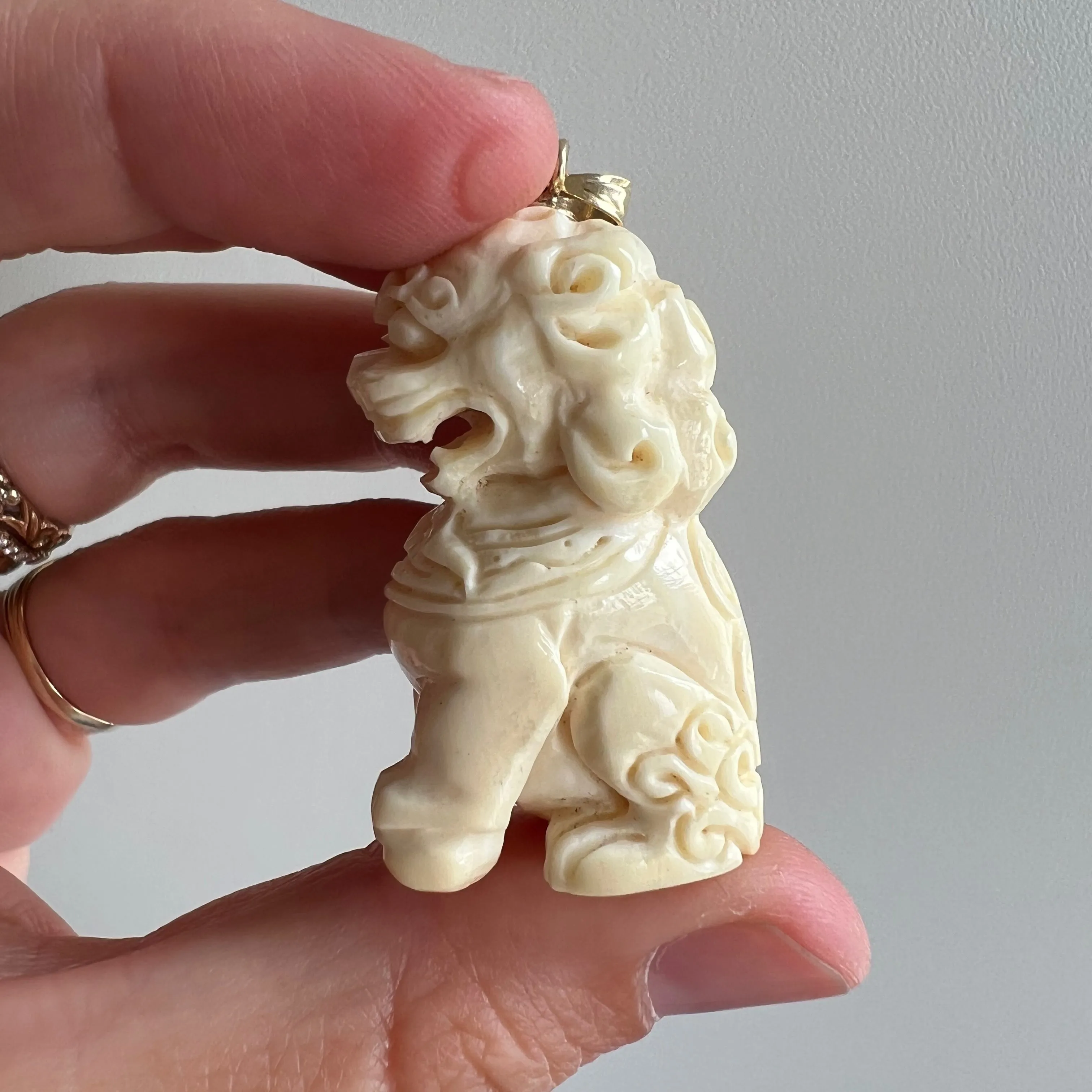 V I N T A G E // lion dragon / 14k and carved bone foo dog / a huge pendant