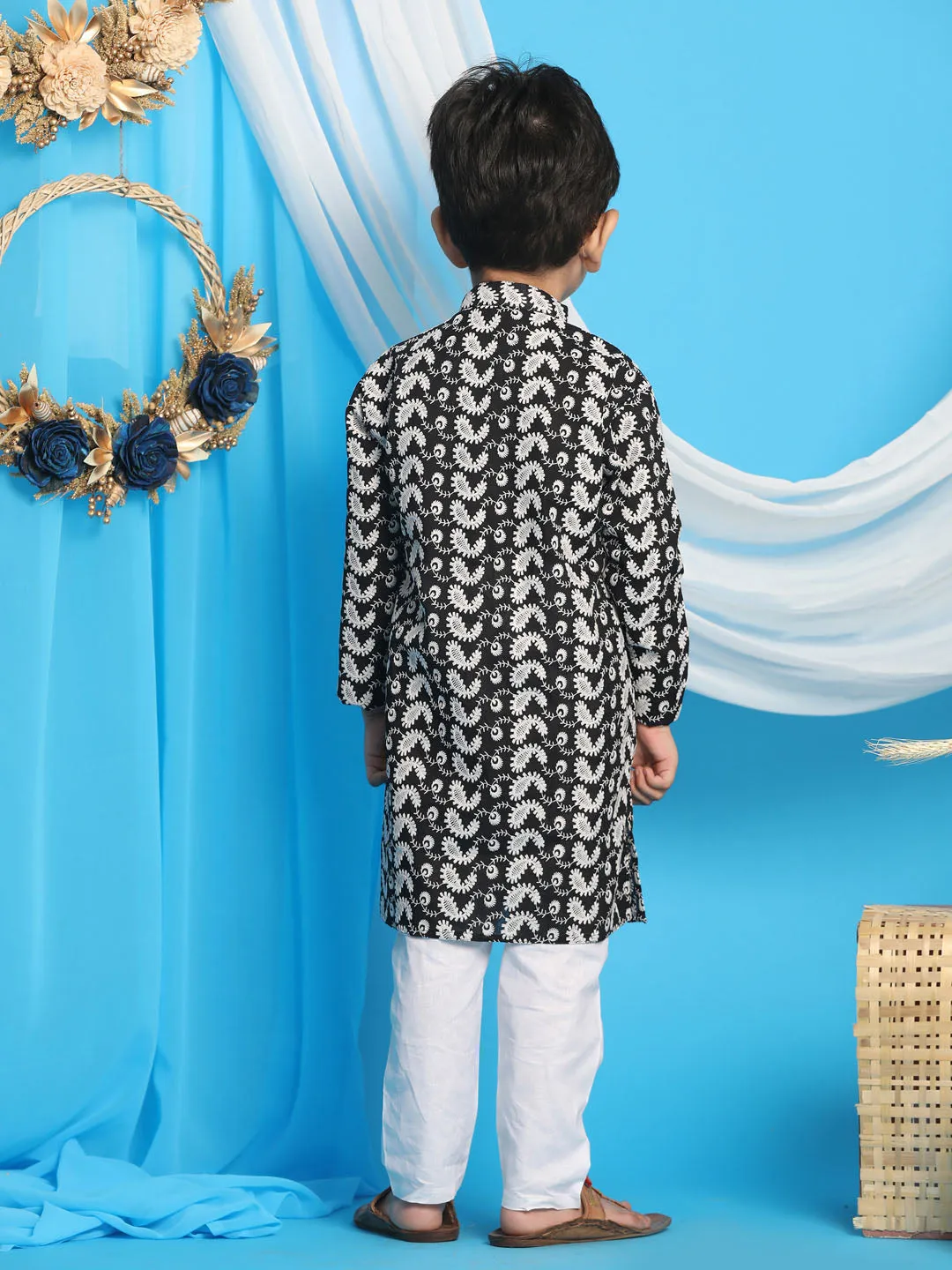 VASTRAMAY Black Pure Cotton Chikankari Siblings Set