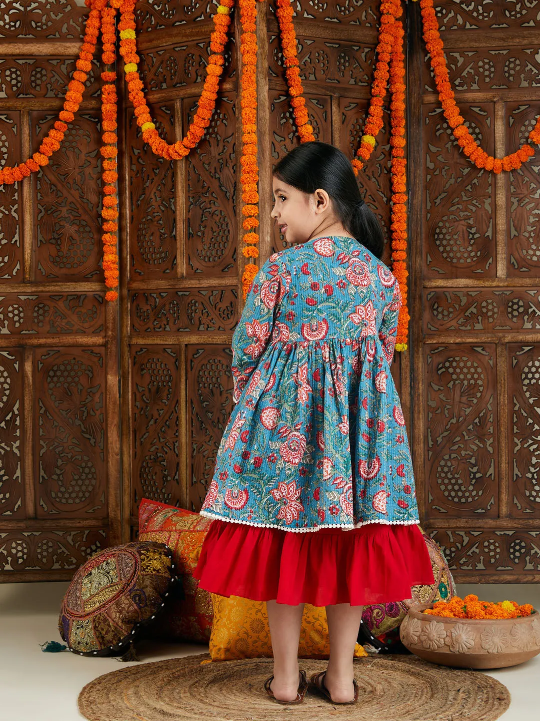 VASTRAMAY Blue Printed Cotton Festive Collection Sibling Set