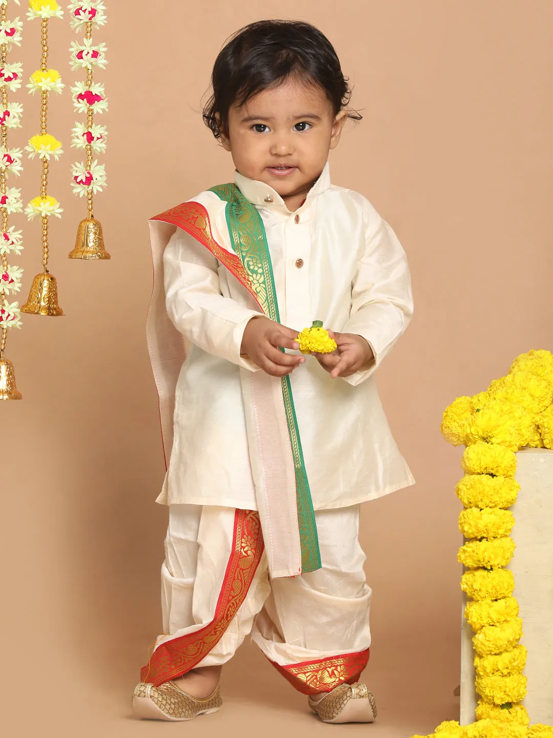 VASTRAMAY Boy's Cream-Colored Kurta With Dhoti Pants & Dupatta Set