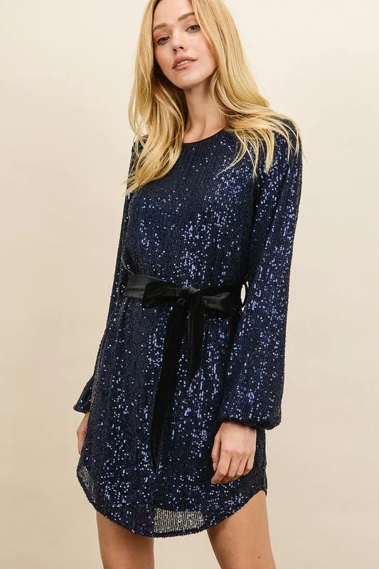 Velour Belt Sequin Tunic Dress - Navy