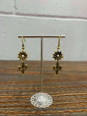 Vintage Flower and Cactus Gold Drop Earrings