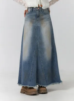 Vintage Washed Raw Hem Maxi Skirt CF405