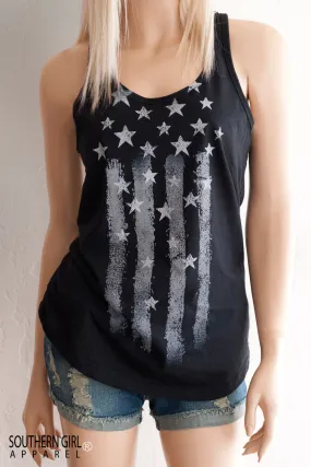 White American Flag on Black Women's Racerback Tank Top