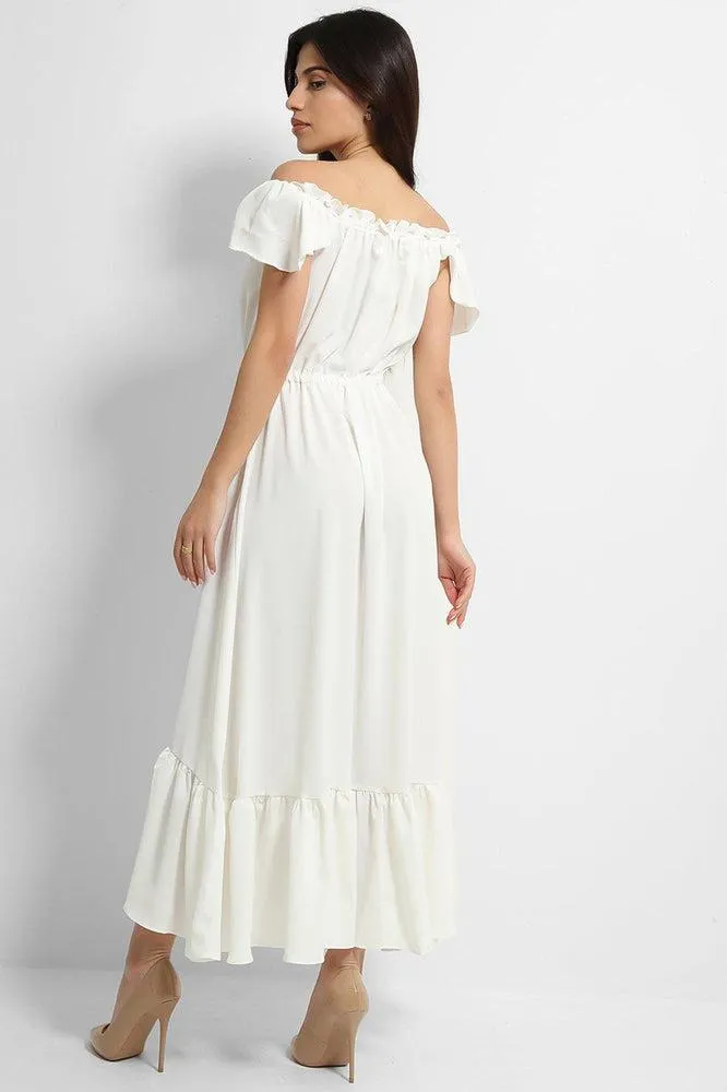 White Frilled Trims Off Shoulder Dip Hem Dress