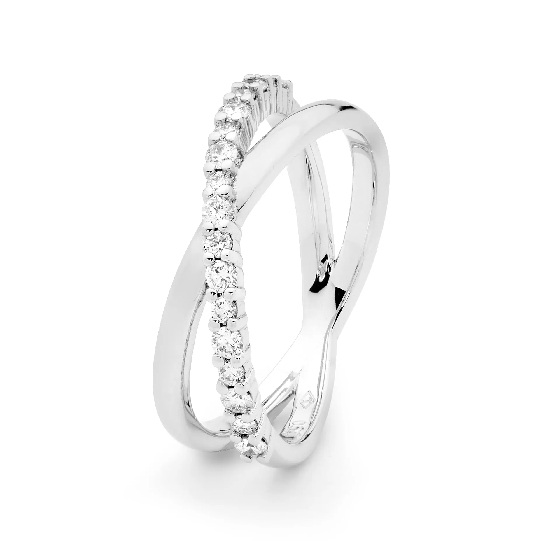 White Gold Diamond Cross Over Ring