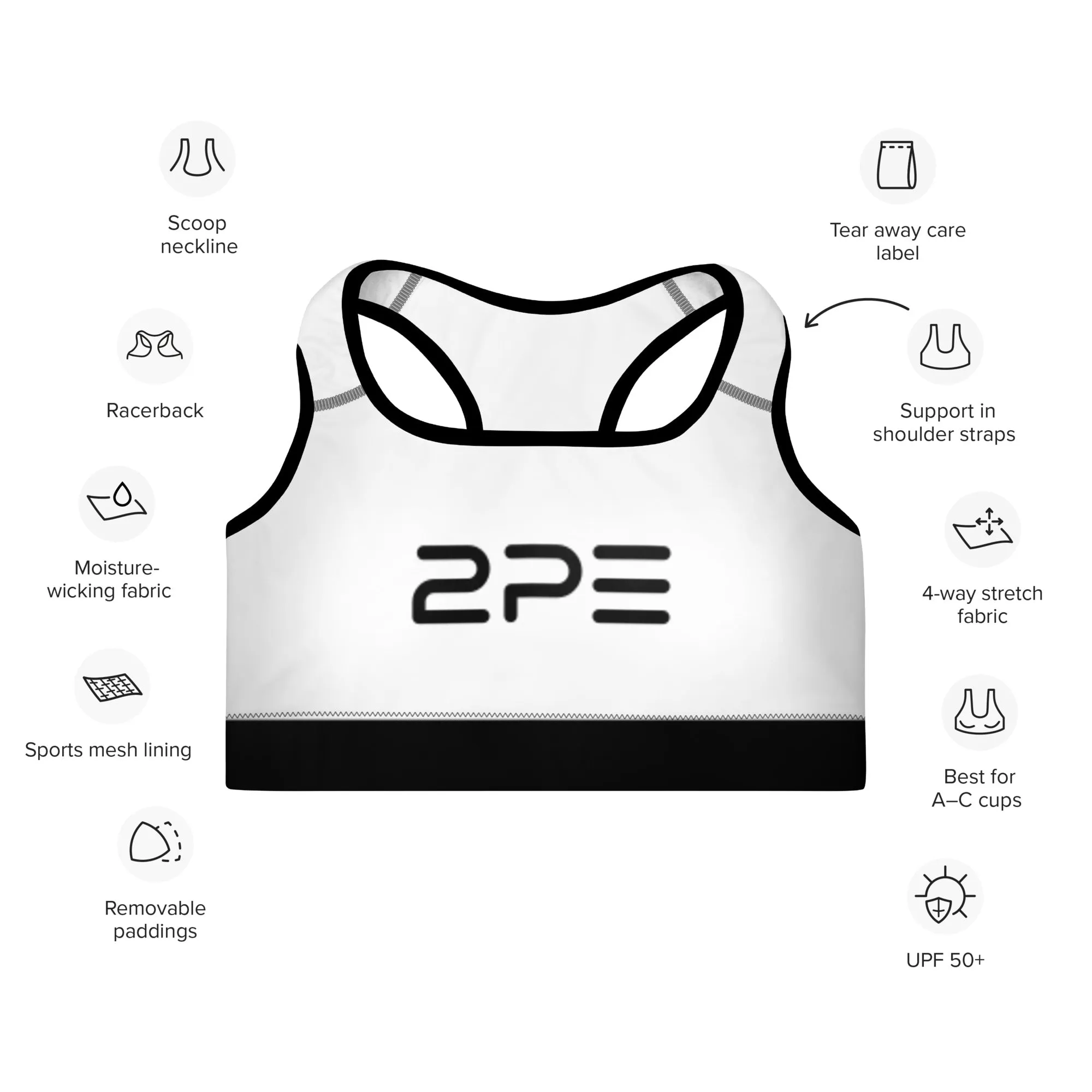 White with Black Padded Sports Bra