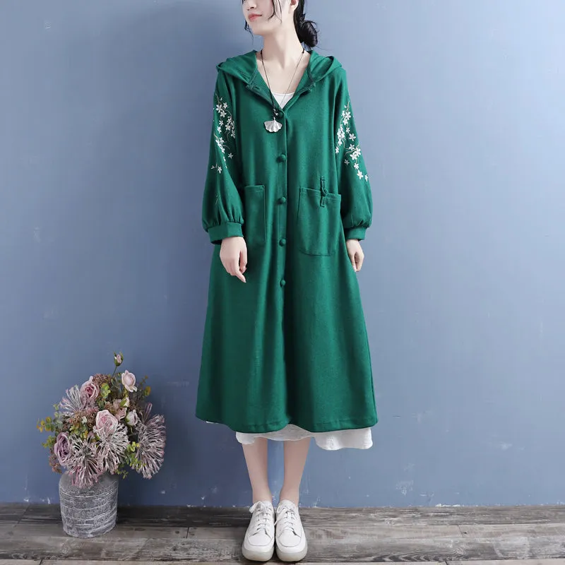 Women Autumn Retro Embroidery Cotton Knitted Overcoat