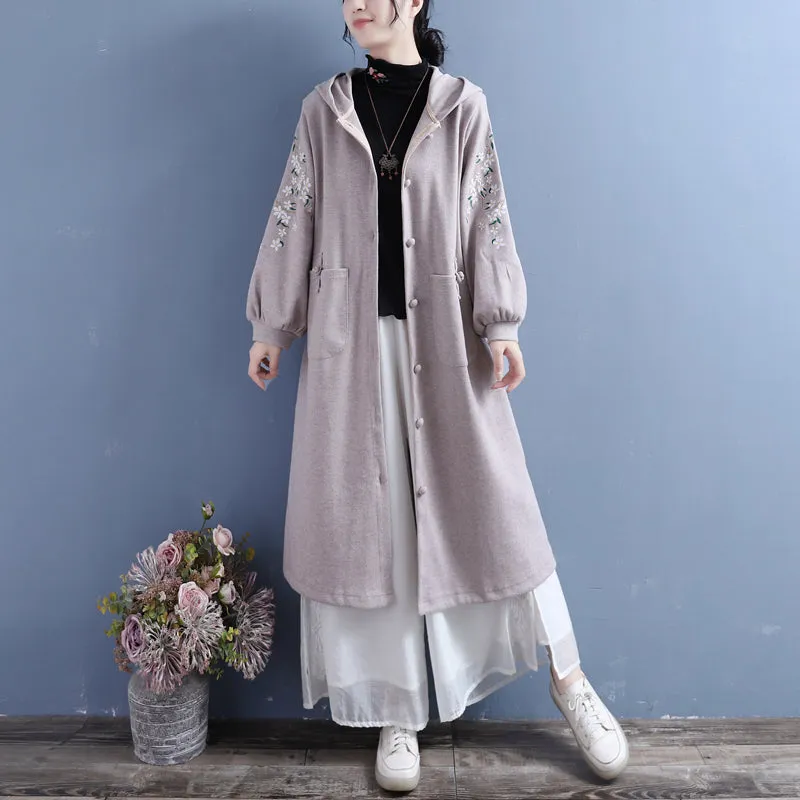 Women Autumn Retro Embroidery Cotton Knitted Overcoat