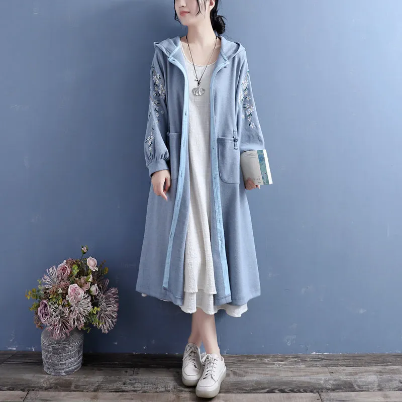 Women Autumn Retro Embroidery Cotton Knitted Overcoat