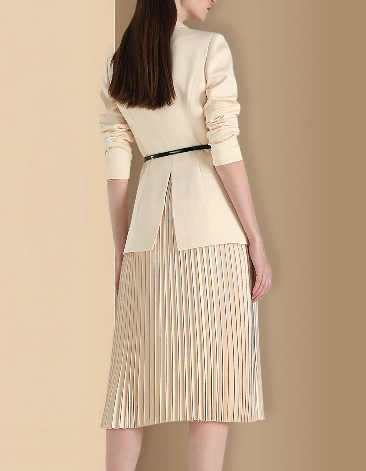 Women Beige irregular Double breasted Blazer Suit and Pleated Skirt Set