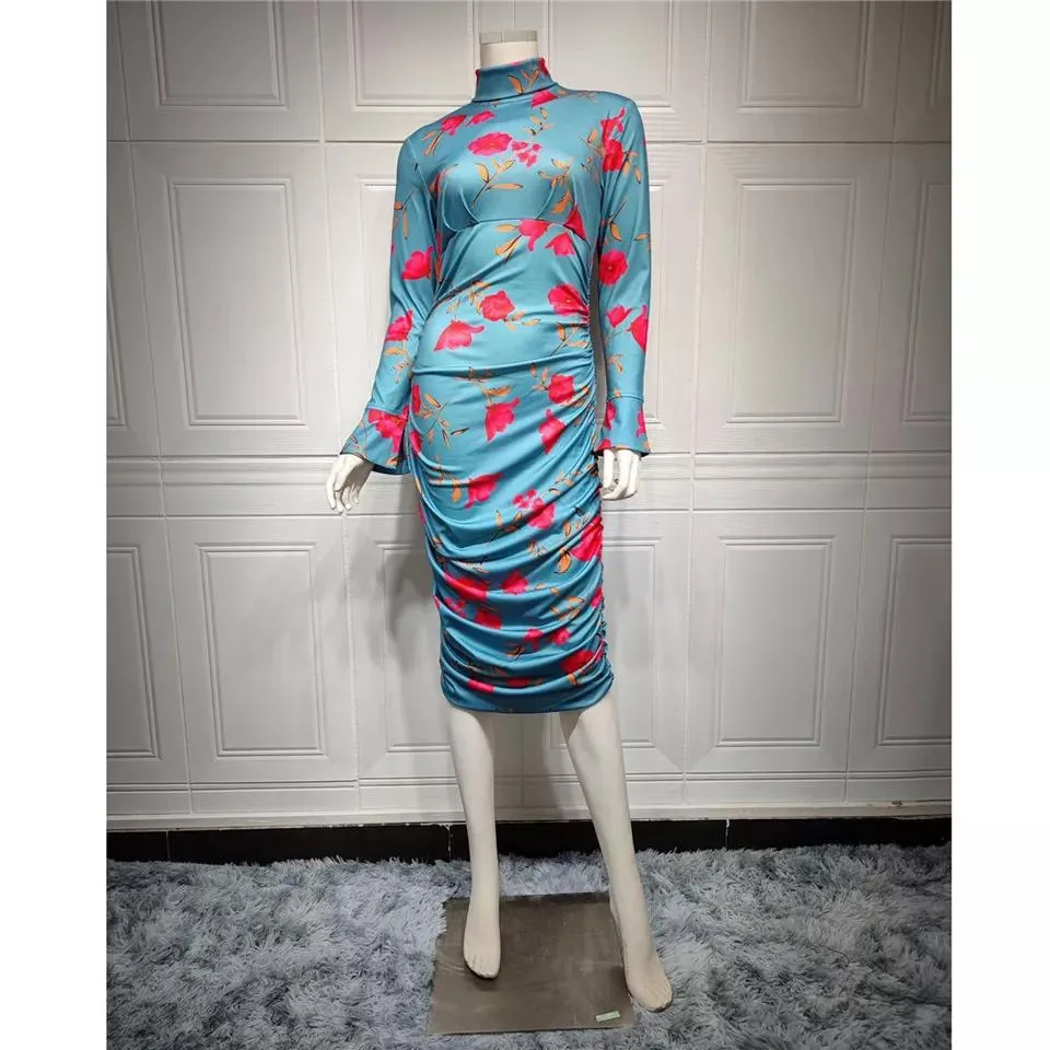 Women Long Sleeve Turtleneck Midi Bodycon Print Pleated Gown S4549421