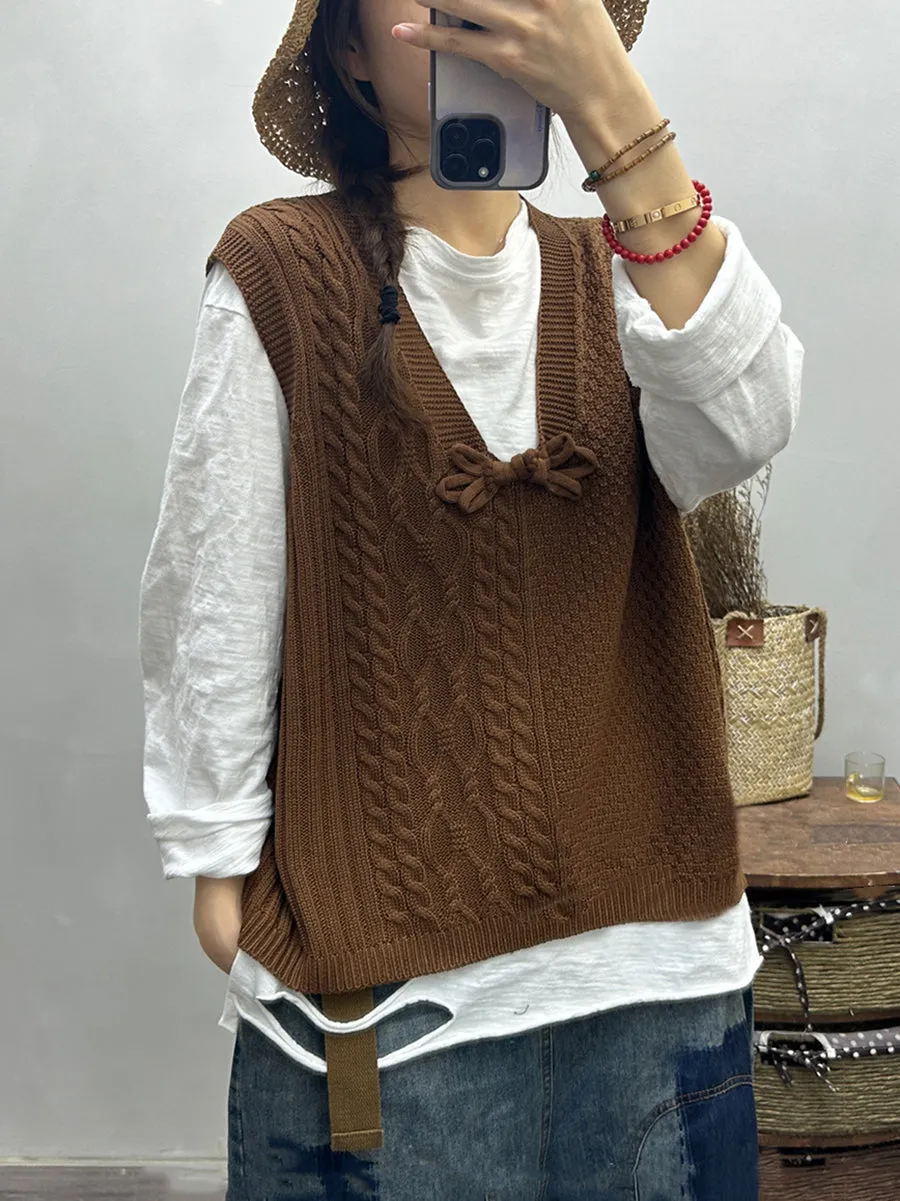 Women Retro Autumn Knitted V-Neck Vest