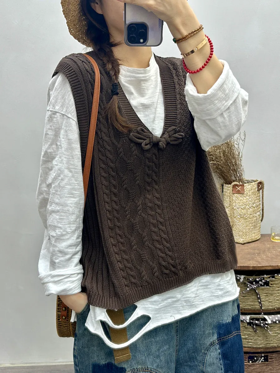 Women Retro Autumn Knitted V-Neck Vest